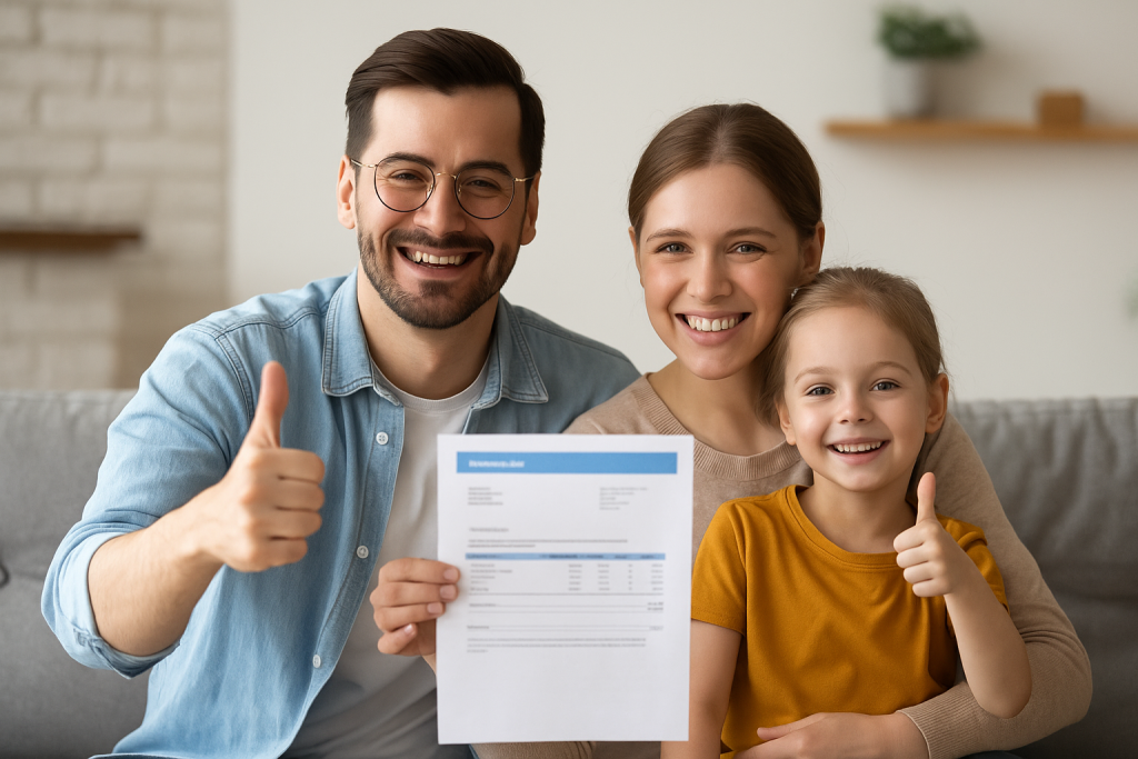 Família segurando conta de luz e aprovando crédito